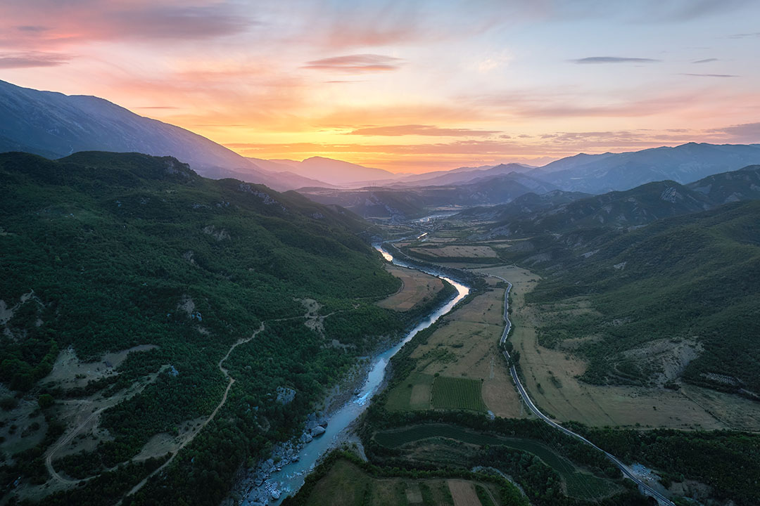 Aerial view of the Vjosë river and valley